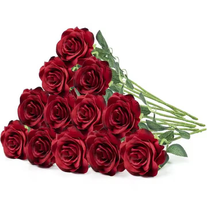 12 Flores Artificiales de Rosas Rojas de Seda con Tallo Largo, Flores Artificiales Ramo de Rosas Falsas para Bodas Despedidas de Soltera hogar jardín centros de Mesa decoración - 1
