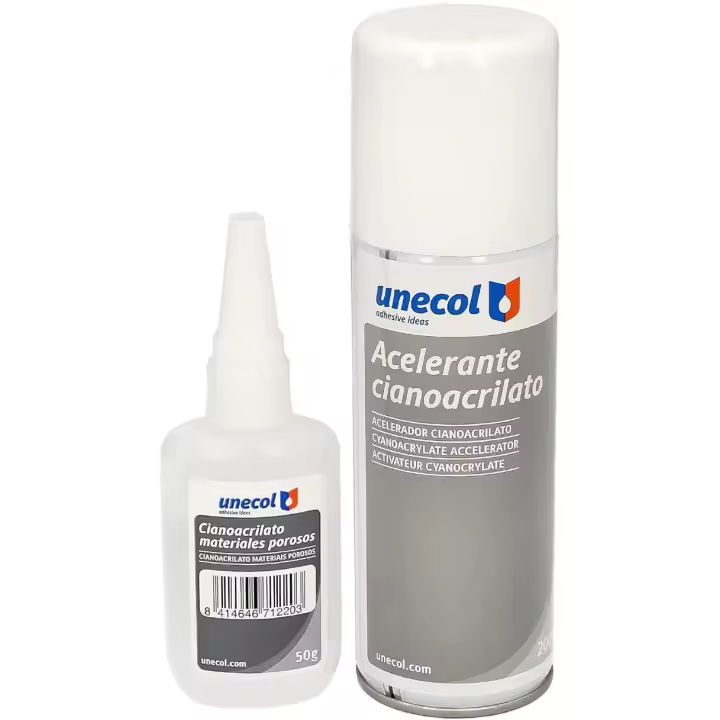 Unecol Kit Accelerante Aerosol + Cianoacrilato para Materiales Porosos, Plásticos. Botella 200 ml + 50 ml. Pegamento, Adhesivo, Sellador, Silicona - 1