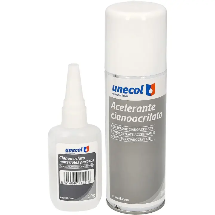 Unecol Kit Accelerante Aerosol + Cianoacrilato para Materiales Porosos, Plásticos. Botella 200 ml + 50 ml. Pegamento, Adhesivo, Sellador, Silicona - 1