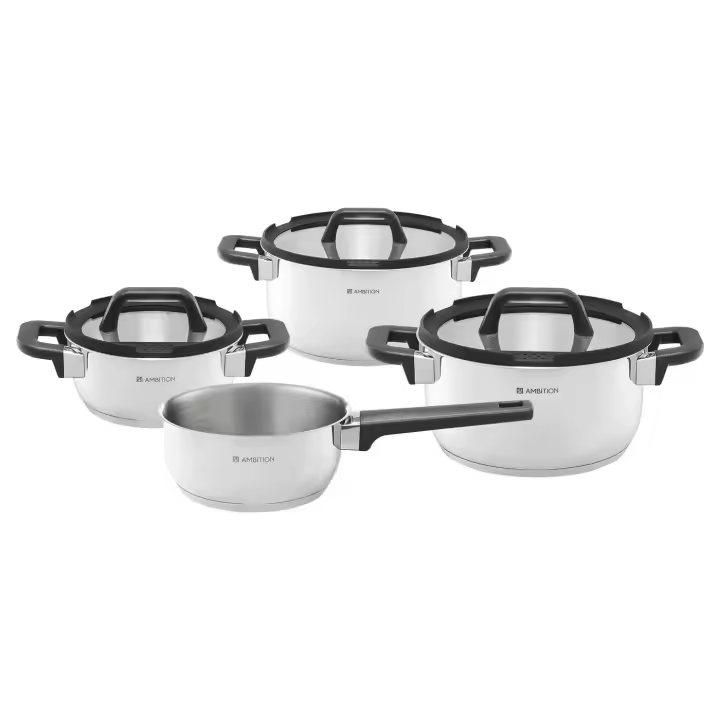 Ambition Batería de Cocina Antiadherente de Acero Inoxidable | 7 Piezas, 3 Ollas con 3 Tapas de Vidrio Templado con escurridor y 1 cacerola Juego de ollas para Todas las Cocinas, Incluso Inducción | Apto para el horno - 1