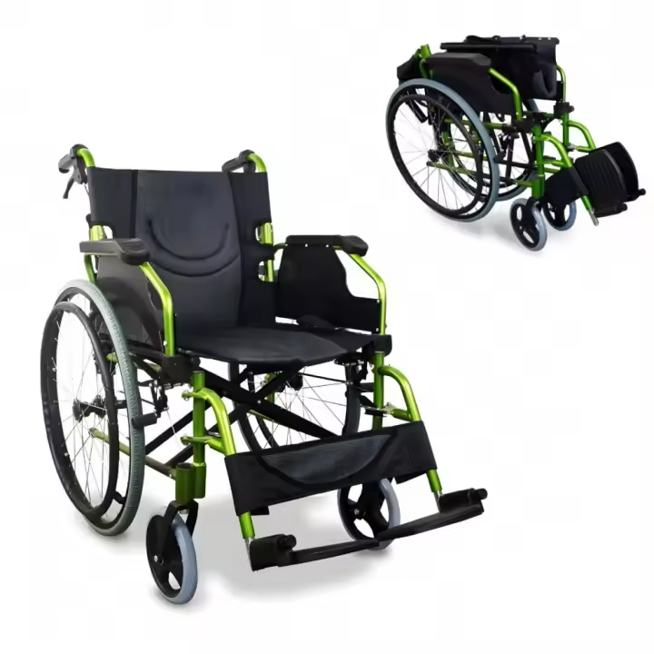 Mobiclinic Bolonia Silla de ruedas Plegable y ligera Aluminio Con Respaldo plegable y partido Reposapiés desmontables Reposabrazos abatibles Silla de ruedas para adultos Verde - 1