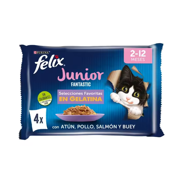 FELIX Fantastic Junior Selecciones Favoritas en Gelatina (4x85 gr) - Alimento Húmedo Completo para Gatitos (Buey, Pollo, Atún y Salmón) - 1