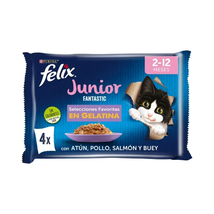 FELIX Fantastic Junior Selecciones Favoritas en Gelatina (4x85 gr) - Alimento Húmedo Completo para Gatitos (Buey, Pollo, Atún y Salmón) - 1