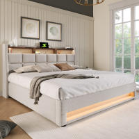 Cama tapizada con USB 160x200 cm, Cama Doble LED con somier de metal, somier Juvenil de Material de Lino (con colchón) - details 4