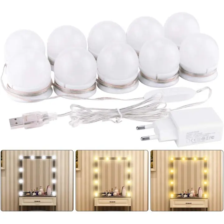 Luz de espejo, kit de 10 bombillas Hollywood LED regulables para espejo de baño, 3 colores, 10 niveles de brillo y adaptador (espejo no incluido). - 1