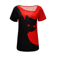 Blusa De Verano Para Mujer Estilo Nuevo Con Cuello Inclinado Y Estampado De Gato Negro Manga Corta Camiseta Casual De Polyester Y Spandex - details 12