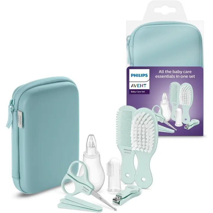 Philips AVENT Set Cuidado del bebé, incluye 1 aspirador nasal, 1 cepillo dientes dental, 1 tijera punta redondeada, cortauñas, 3 limas de uñas, 1 peine y 1 cepillo suave. (SCH401/00) - 1