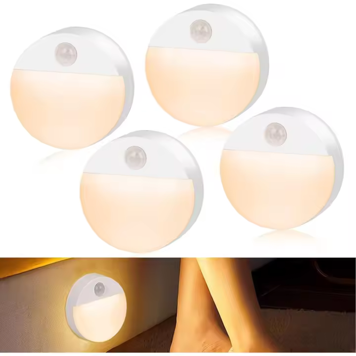 Luz Nocturna con Sensor de Movimiento, 4 Piezas Luz Nocturna Infantil Pila, Luz de Noche con 3 Color y Modos para Armario, Pasillo, Escalera, Cocina, Habitación, Sala - 1