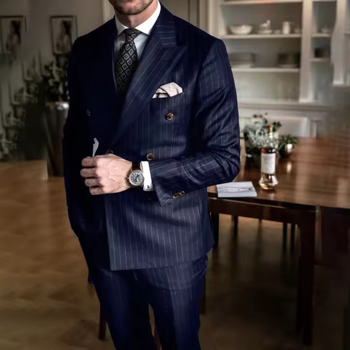Traje Azul Oscuro Con Rayas Para Hombre 2 Piezas Chic Forma Elegante Doble Breasted Chaqueta Y Pantalón Slim Fit Traje De Noche Casual De Alta Calidad - 1