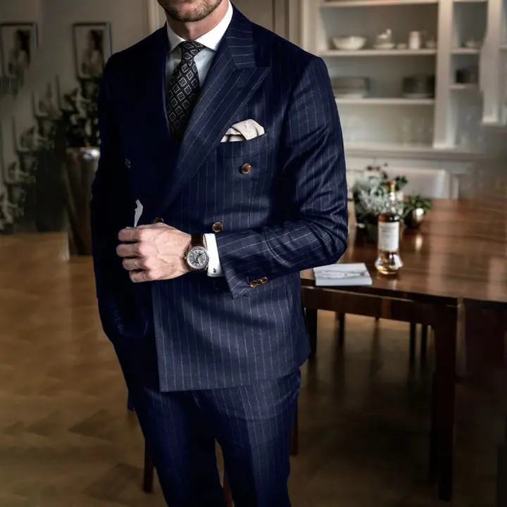 Traje Azul Oscuro Con Rayas Para Hombre 2 Piezas Chic Forma Elegante Doble Breasted Chaqueta Y Pantalón Slim Fit Traje De Noche Casual De Alta Calidad - 1