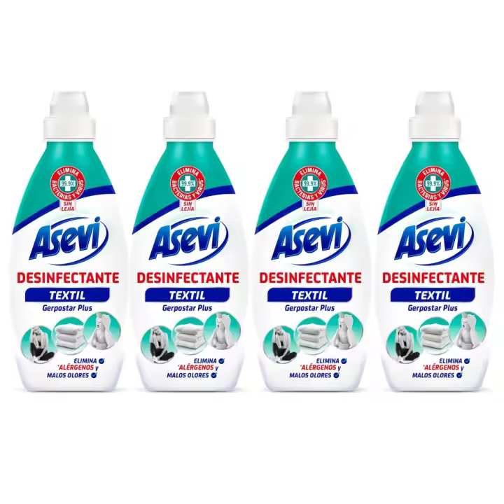 Asevi Desinfectante Textil, Envase de 720ml - Pack 4 uds, Limpiador Textil Compatible con Cualquier Detergente y Ciclo de Lavado, Limpia y Desinfecta, Elimina Gérmenes, Bacterias, Ácaros, y los Malos Olores, Sin Lejía, Aroma Fresco y Limpio - 1