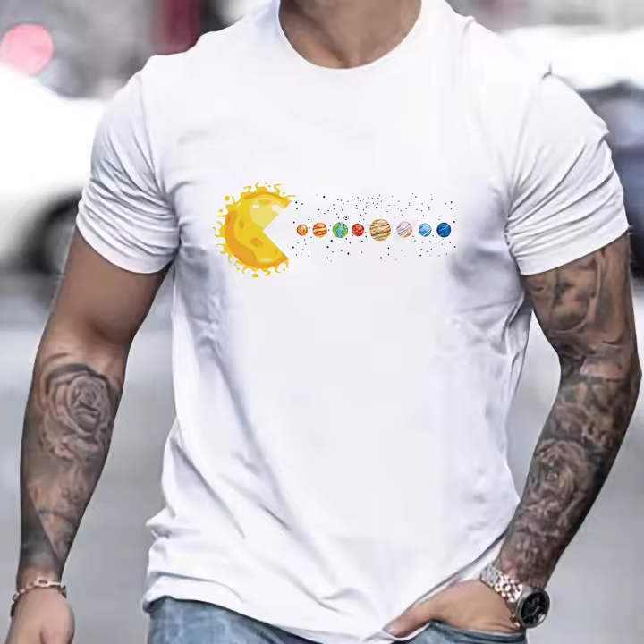 Camiseta De Verano Para Hombre 100% Algodón Cómodo Y Suelto Con Impresión De Sistemas Solares Y Planetas Cuello Redondo Manga Corta Top Transpirable - 1