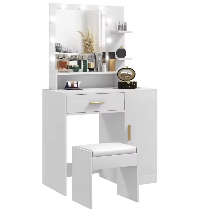 HOMCOM Tocador de Maquillaje con Taburete Mesa de Maquillaje con Espejo LED Cajones Estante Ajustable y Estantes Abiertos para Dormitorio Sala de Estar Blanco - 1