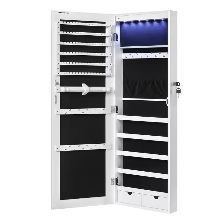 Espejo joyero colgante con luz led, montaje en pared o puerta, cuerpo entero, iluminación interior, regalo elegante en color blanco, 37x9,3x108 cm - 1