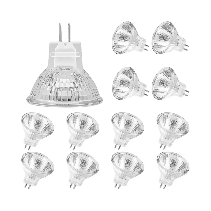 Bombillas halógenas MR11 (paquete de 12), lámpara halógena GU4 de 12 V y 20 W, bombilla regulable MR11 GU4 con cubierta de vidrio para luz de techo, bombilla halógena de 2 pines, 2700 K, blanco cálido - 1