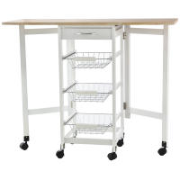 HOMCOM Carrito de Cocina Plegable Carrito Auxiliar con 6 Ruedas 1 Cajón y 3 Cesta de Metal Carro de Servicio Multifuncional para Almacenamiento Carga 50 kg 97,2x37x77,5 cm Blanco y Roble - details 0