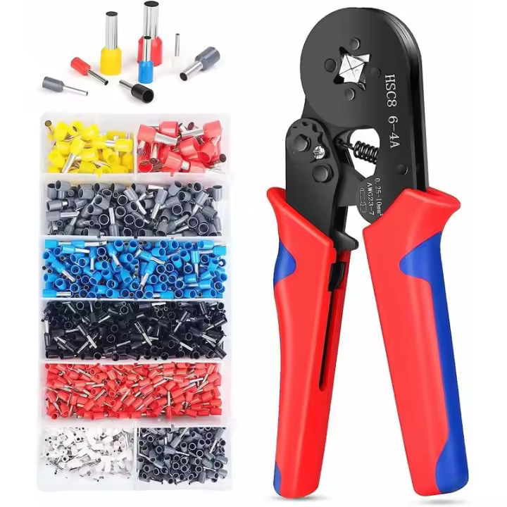 Alicates y alicates Kit de herramientas para engarzar virola con kit de terminales de virola de alambre de 1250 piezas, engarzadora autoajustable, alicates para engarzar virola para 23-7 (0,25-10 mm2), mango rojo y azul - 1