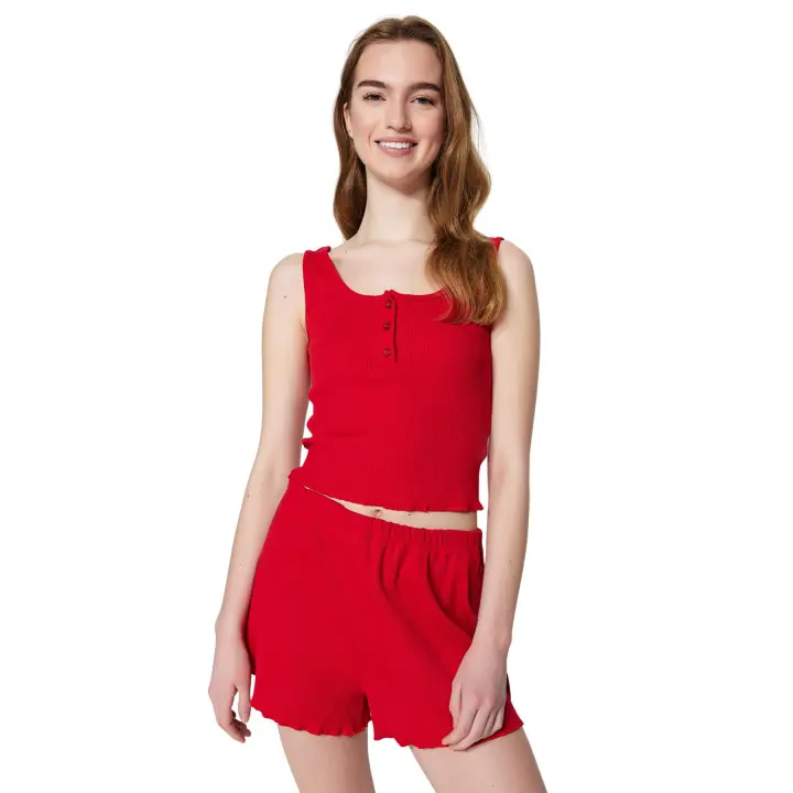 Trendyol Indigo Button Detail Knitted Pajama Set With Ribbed Shorts Thmss23Pt00179 - 1