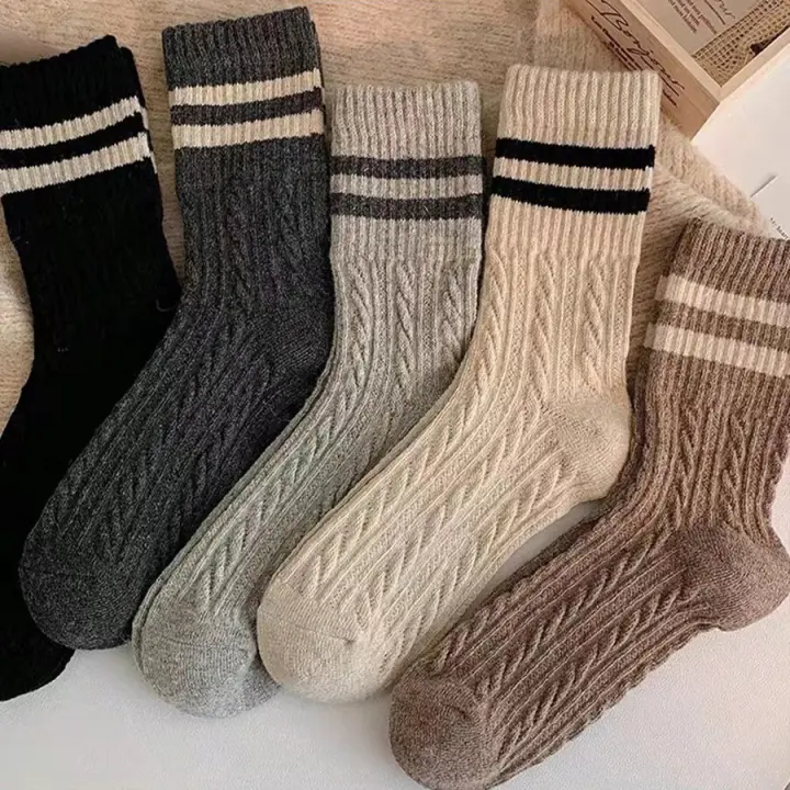 5 Pares De Calcetines Retro Café Rayados Para Mujer Cómodos Y Casuales De Poliéster Para Otoño E Invierno Medio Caña - 1