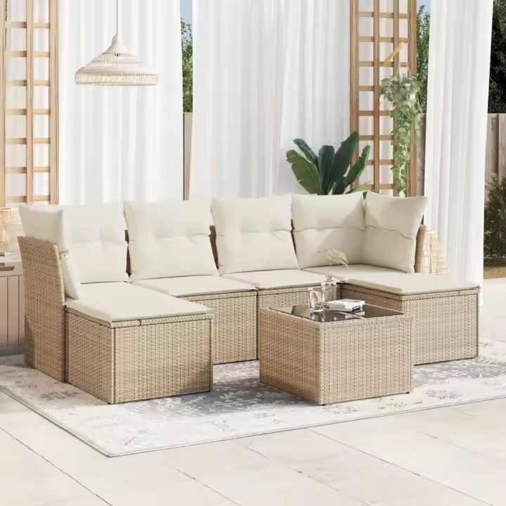 vidaXL Set sofás de jardín 7 piezas y cojines ratán sintético beige - 1