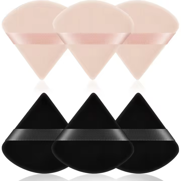 Borla de polvo triangular, borla de maquillaje con correa, herramienta de esponja para húmedo y seco, esponja de cojín de aire para polvos sueltos o rubor de base (3 piezas negras + 3 piezas color piel) - 1