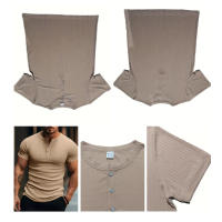 Camiseta De Hombre Estilo Moderno Con Rayas Cuello Henley Corta Transpirable Y Suave Para Ropa Casual De Verano - details 2