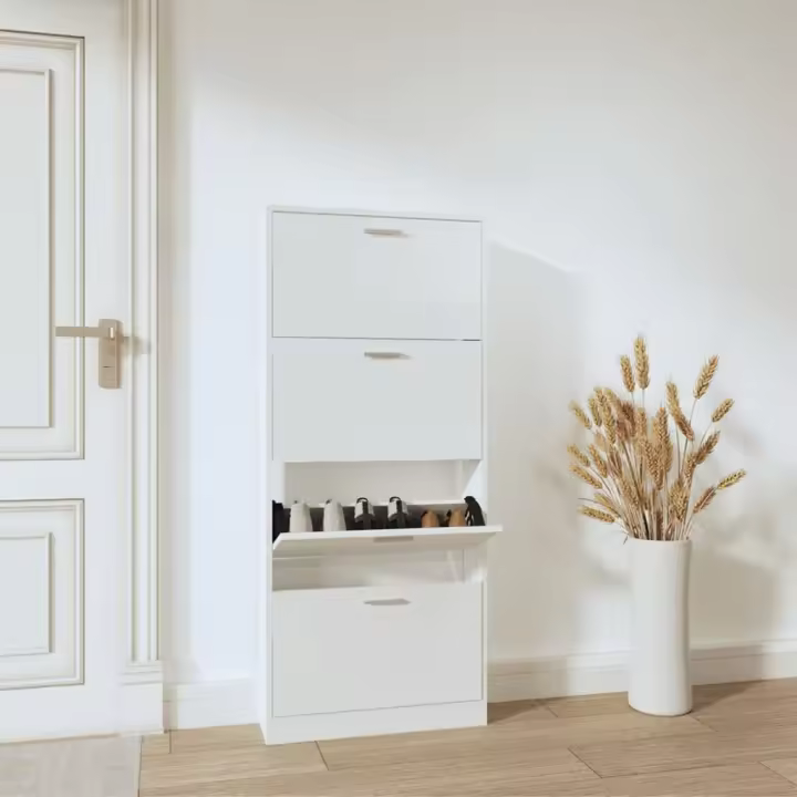 vidaXL Mueble zapatero madera contrachapada blanco brillo 59x17x150 cm - 1
