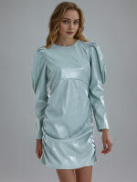 Vestido De Cuero Para Mujer Cuello Redondo Manga Escocesa Cintura Alta Mini Zipper Temperamento Vestido Moda Otoño Para Mujeres - details 1