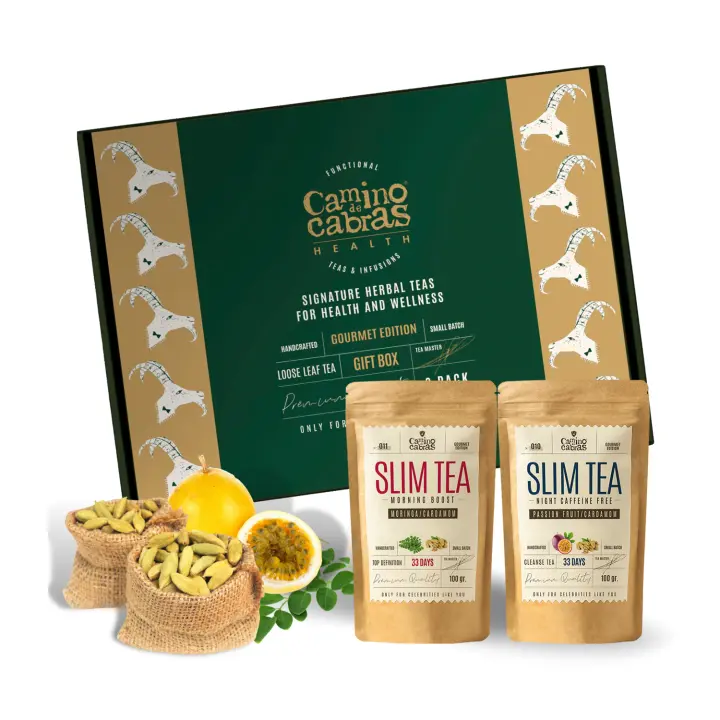 Caja de Tés e Infusiones Slim Tea CAMINO DE CABRAS® | Plan Detox Día & Noche | Pack Gourmet para Regalar | Te Verde, Mate, Guarana, Moringa, Maracuya, Cardamomo | 2 x 100g - 1