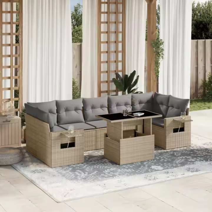 vidaXL Set de sofás de jardín y cojines 8 piezas ratán sintético beige - 1