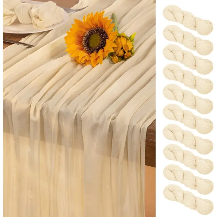 Beige Cheesecloth Table Runner 10 Pack Summer Sheer Cream Cheese Cloth Table Runners 120 Inches Boho Gauze Summer Table Decorations for Wedding Bridal Baby Shower Garden Party Decor - 1