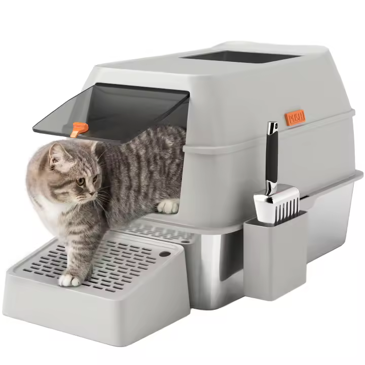 PawHut Arenero para Gatos Cubierto de Acero Caja de Arena para Gatos Arenero Cerrado para Gatos con Paso de Salida y Pala de Acero Gris Claro - 1