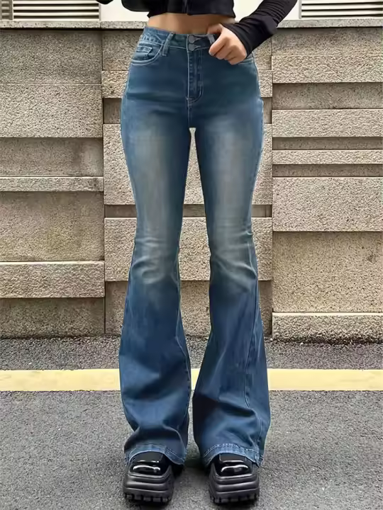 Jeans Flared Estirados Para Mujer Moda Skinny Bell Bottom Cintura Alta Pantalones Gris Denim Clásicos Y2K Punk Longos - 1