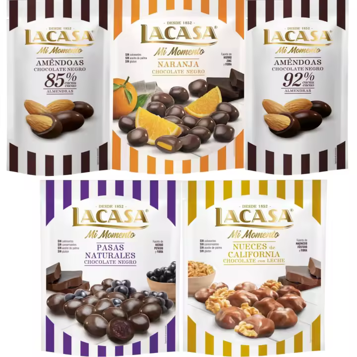 Lacasa Mi Momento pack de 5:Almendra 92% ,Almendra 85% ,Nueces Chocolate Leche,Pasas Chocolate Negro ,Naranja Chocolate Negro - 1