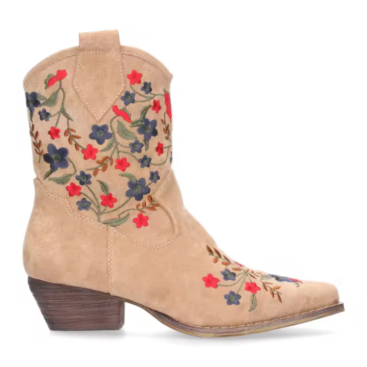 PuntoSalao Botines tacón bajo cómodo bordado flores mujer beige A-2463 - 1