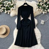 Vestido Rosa Francés De Estilo Simple Para Damas Con Cuello En V Manga Larga Sólido Suave Ajustado Casual De Otoño Vestido Largo De Hogar - details 1