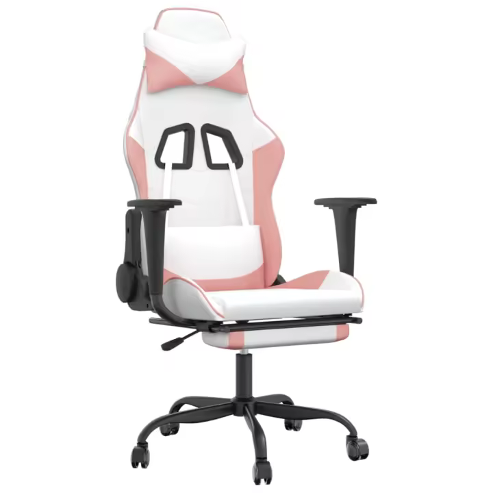 Silla gaming masaje y reposapiés Cuero sintético Blanco y Rosa - 1