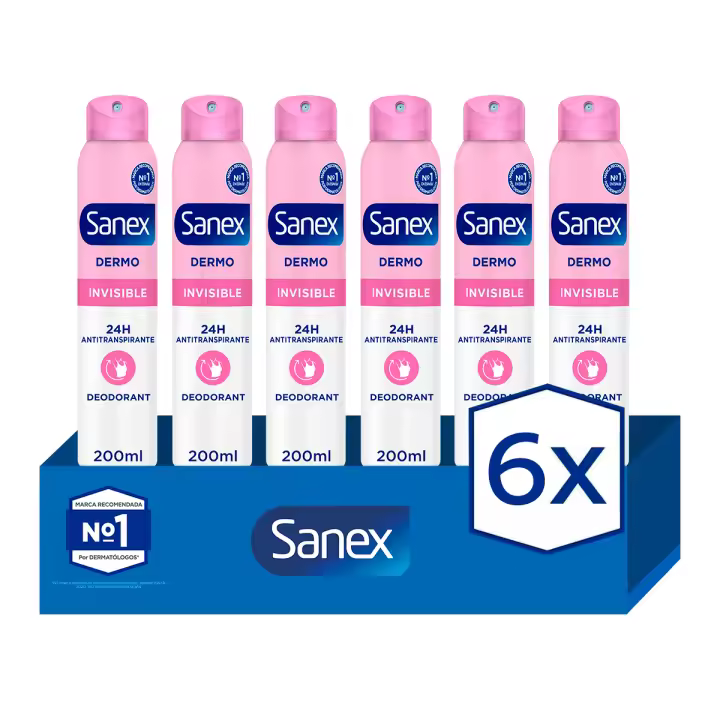Desodorante spray Sanex Antitranspirante Dermo Invisible Protección 24h Pack de 6 | Protección de la Ropa y Piel durante 24h. Protege tu piel y ropa sin manchas. - 1