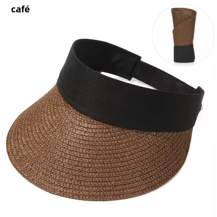 Sombrero De Playa Plegable Para Mujer Sombrilla De Verano Protección Solar Algodón Y Lino Estilo Casual Gorro De Paja Ancha - 1