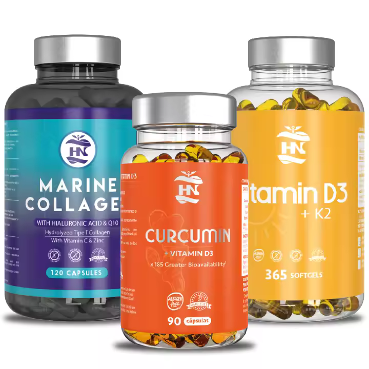 HN Healthy Nutrition - Pack Vitamina D3 - Colageno Marino - Curcuma - Huesos, articulaciones & Inflamación - 365 caps de vitamina D3 K2 – 120 caps con Acido Hialuronico con Magnesio y Vitamina C - Coéncima Q10 - 90 caps Curcuma liquida liposomada - 1
