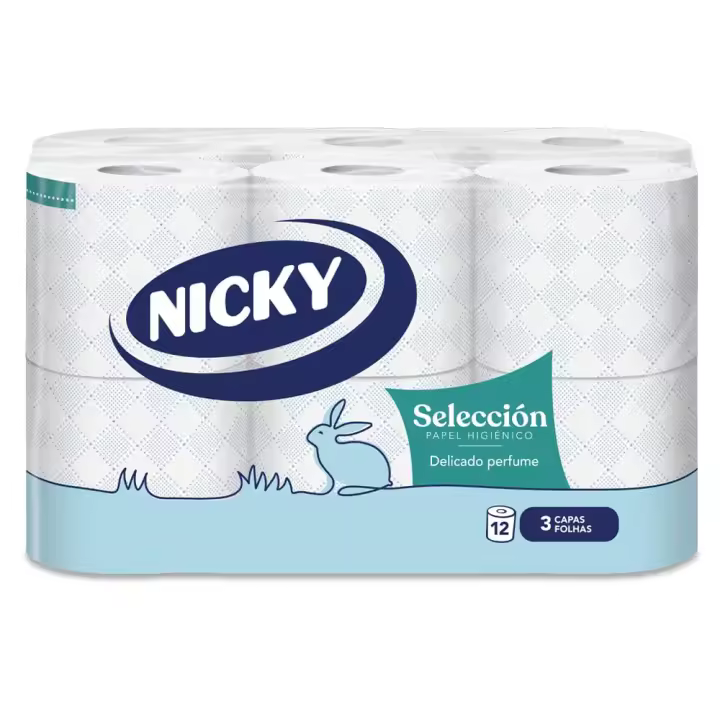 Nicky Selección Papel Higiénico - Paquete de 12 Rollos, 150 Hojas de 3 Capas, con Aroma a Talco, Papel Extrasuave Dermatológicamente Testado, Embalaje Reciclable, Celulosa 100% Pura, Certificación FSC - 1
