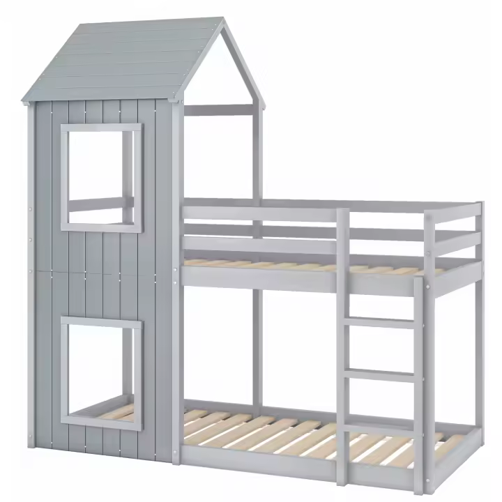90*200cm Litera, Cama Infantil, Cama en dormitorio Masculino y Femenino, Con Escalera y Techo, de pie a Tierra, Madera masiva, Gris - 1
