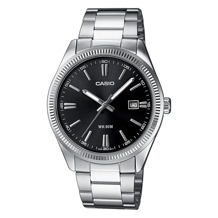Reloj clásico hombre Casio MTP-1302D-1A1 dial negro Pantalla neón correa acero inoxidable - 1