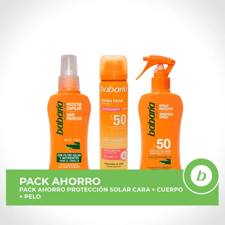 BABARIA Pack ahorro protección solar - Contiene Bruma Facial 75ml + Spray Protector Aloe SPF50 200ml + Protector Capilar Aloe 100ml - 1