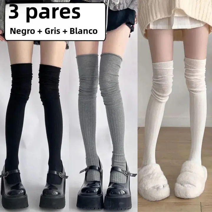 Parejas De Medias Altas Clásicas Rayadas Para Mujer En Color Negro Blanco Gris Cómodas Y Versátiles Para Moda - 1