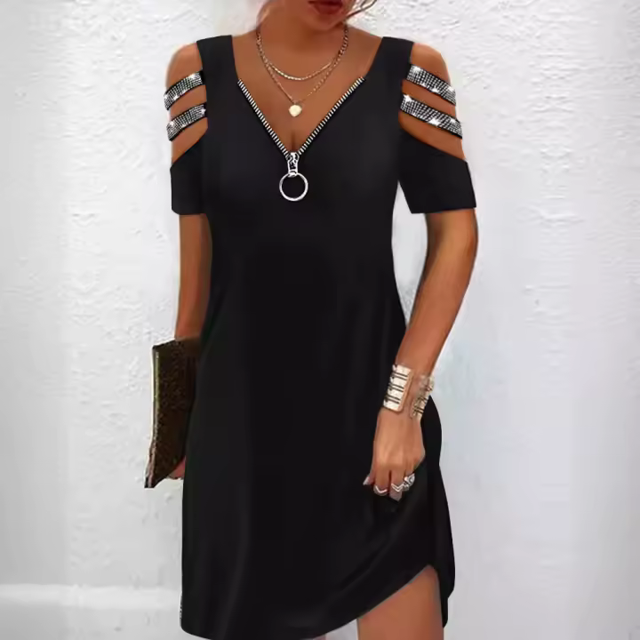 Vestido De Mujer Verano Moda Con Diamantes Hombro Descubierto Casual A-Line Mini Vestido Corto Manga Regular Polyester - 1
