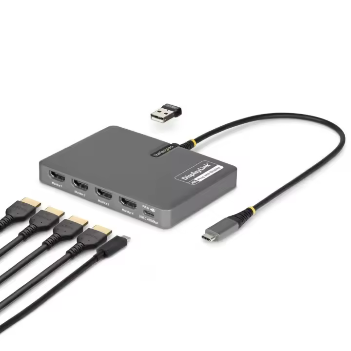 StarTech - Hub adaptador QUAD-USB-HDMI-ADAPT con 4 salidas HDMI 4K a 60 Hz, Power Delivery 140 W y puerto USB-A 2.0, color gris - 1