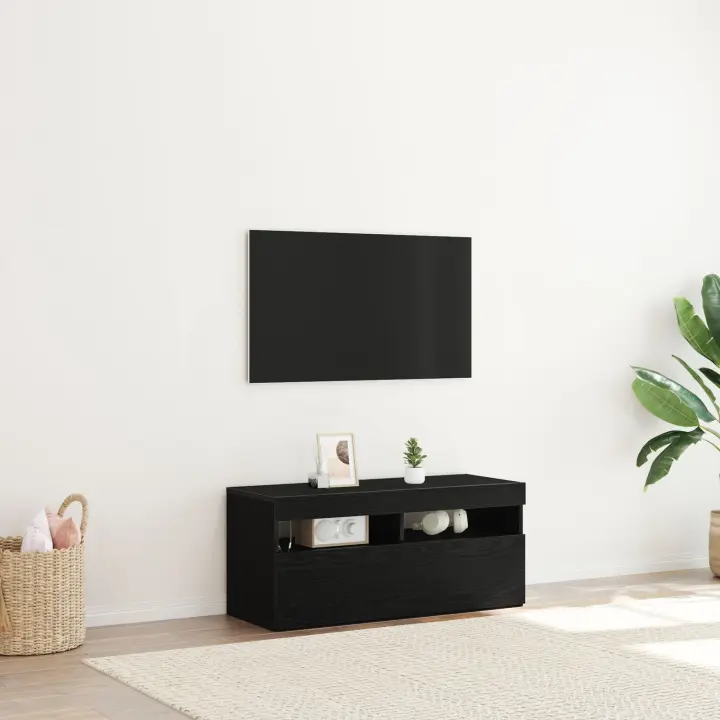 Mueble para TV vidaXL con luces LED, negro y de roble, mide 90x35x40 cm y está hecho de madera elaborada - 1