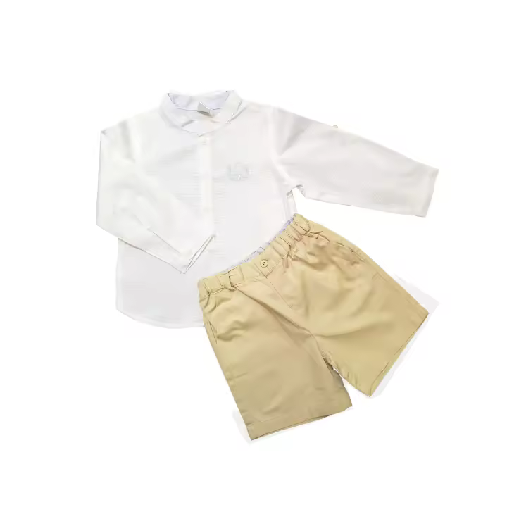 Petit Alo -  Conjunto Niño Bebé Camisa y Pantalón Corto Camisa de Bebé Short Bebé Beige Camisa Blanca Bebé - 1