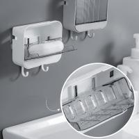 Plato de jabón montado en la pared con tapa con bisagras, plato de jabón a prueba de fugas con 2 ganchos, caja de jabón autoadhesiva bandeja de jabón de ducha para baños cocinas (blanco) - details 1